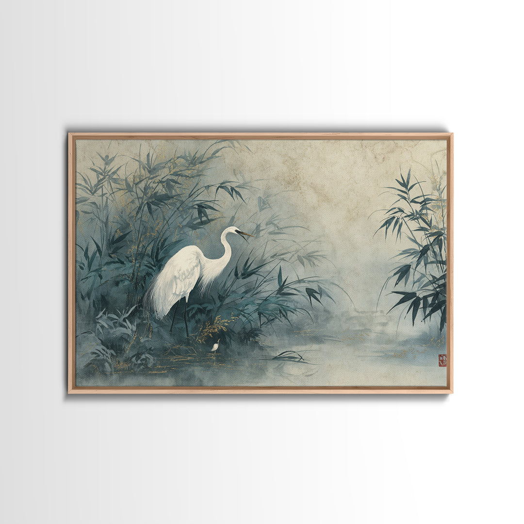 White Crane Standing Canvas Print, Zen Art, Japanese Decor, Living Room Decor, Fine Art, Zen, Luxury Decor, Textured Painting, ZEN-3x2-83