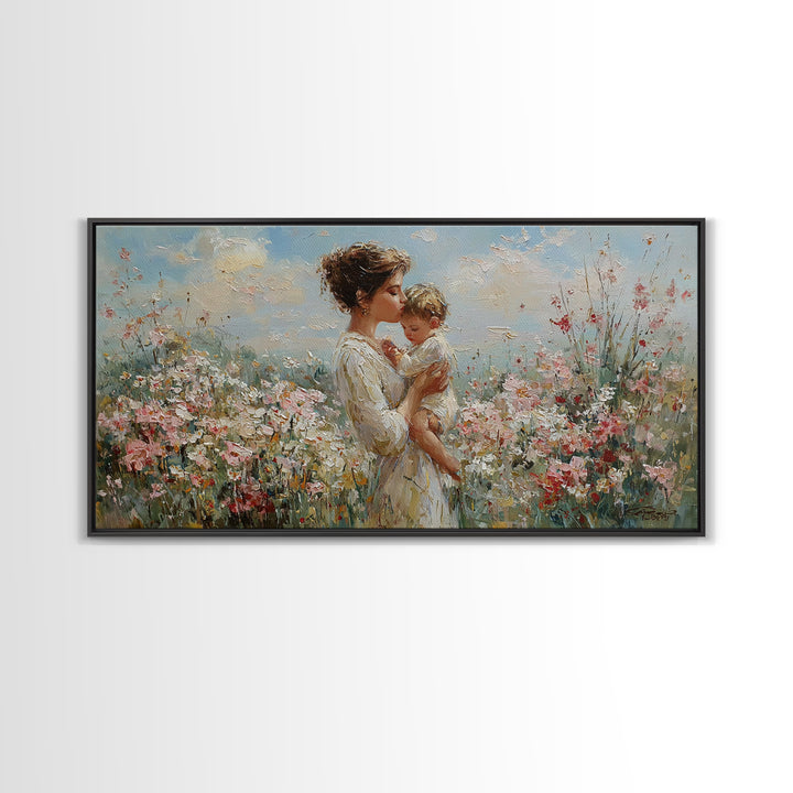 Mother Holding Baby In Sunlit Flower Field Wall Art, Impressionist Floral Canvas Print, Nursery Decor, Gift For Mom, Living Room Decor