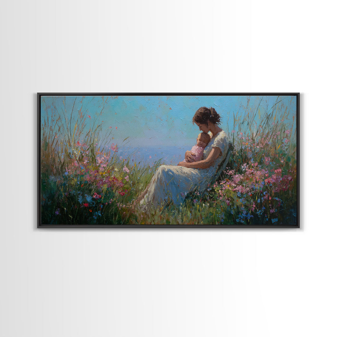 Mother Nursing Baby In Blue Meadow Canvas Print, Wildflower Wall Art, Peaceful Nursery Decor, Gift For New Mom, Boho Home Decor