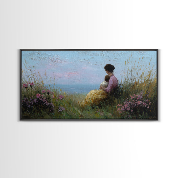 Mother And Child Beside Quiet Lake Wall Art, Impressionist Meadow Framed Canvas Print, Calming Nursery Decor Gift For Her