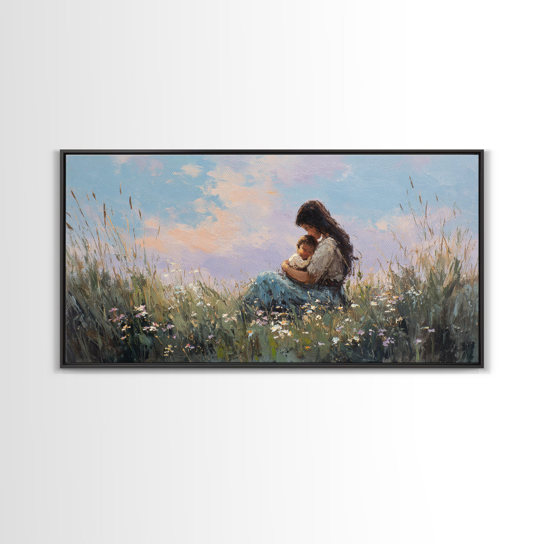 Mother Holding Baby At Sunset Meadow Canvas Print, Boho Wildflower Wall Art, Nursery Decor, Gift For New Mom, Bedroom Decor