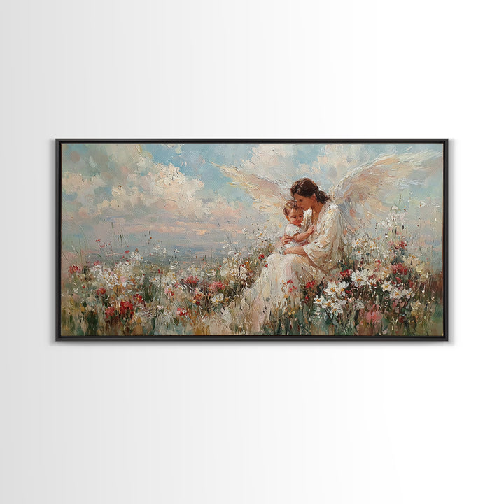 Guardian Angel Mother With Child In Flowers Framed Canvas Print, Heavenly Wall Art, Spiritual Nursery Decor, Gift For Her