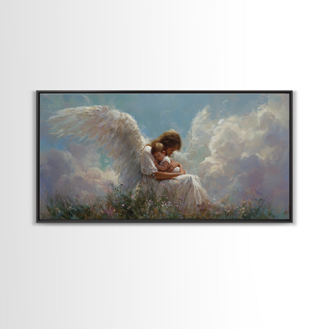 Guardian Angel Embracing Child In Clouds Wall Art, Heavenly Framed Canvas Print, Christian Nursery Decor, Sympathy Gift For Her