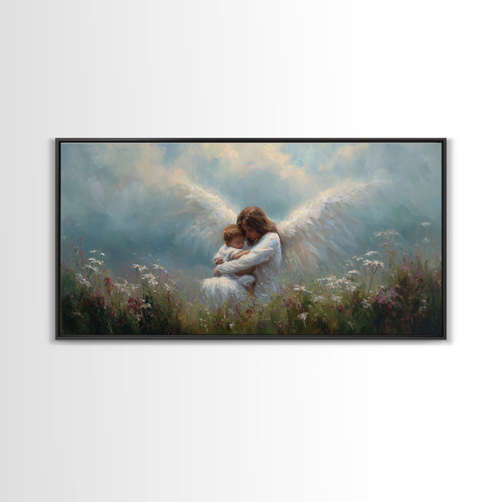 Guardian Angel Embracing Baby In Wildflower Meadow Framed Canvas Print, Christian Nursery Wall Art, Gift For Mom, Spiritual Home Decor