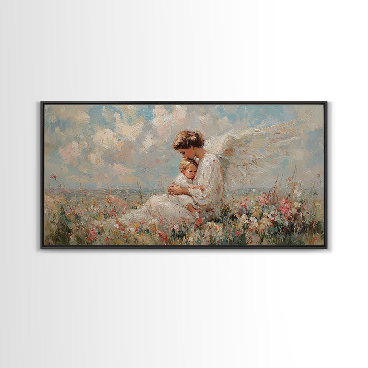 Seated Guardian Angel With Infant In Pastel Wildflowers Canvas Print, Christian Wall Art, Nursery Decor, Baby Shower Gift
