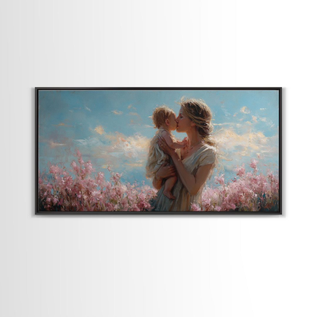 Tender Mother Kissing Child Among Pink Blossoms Wall Art, Feminine Nursery Decor, Mothers Day Gift, Living Room Art, Home Decor
