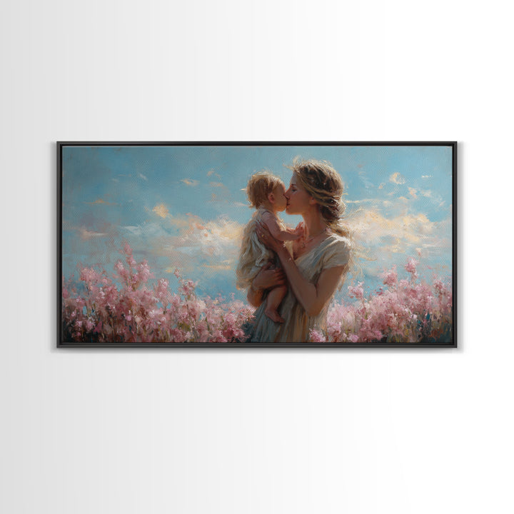 Tender Mother Kissing Child Among Pink Blossoms Wall Art, Feminine Nursery Decor, Mothers Day Gift, Living Room Art, Home Decor