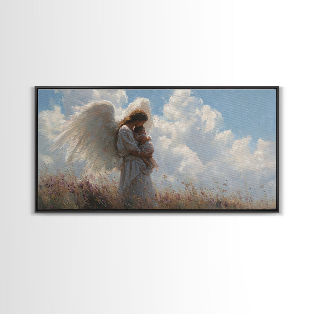 Angel Mother Cradling Baby Beneath Bright Clouds Framed Canvas Print, Christian Wall Art, Nursery Decor, Spiritual Gift For Her