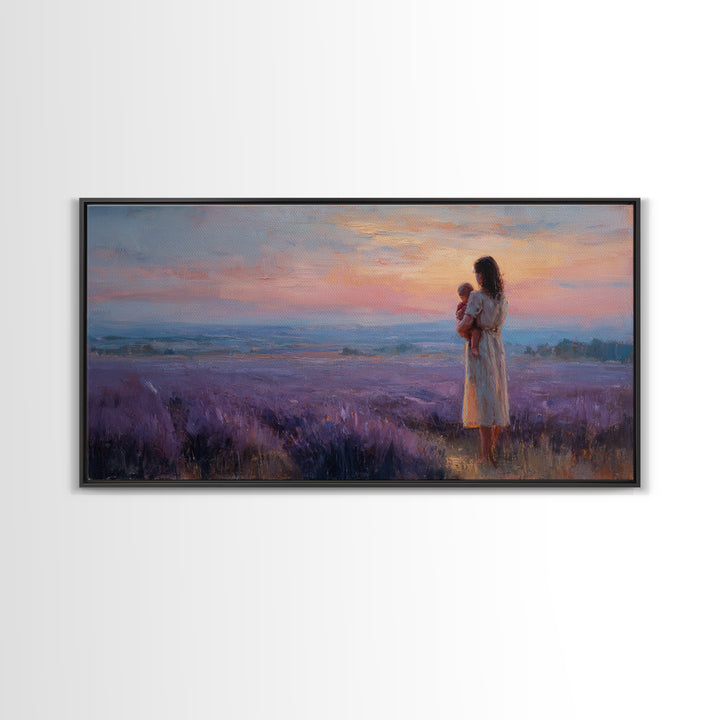 Mother Holding Baby At Lavender Field Sunset Canvas Print, Purple Landscape Wall Art, Mothers Day Gift, Bedroom Decor, Home Decor