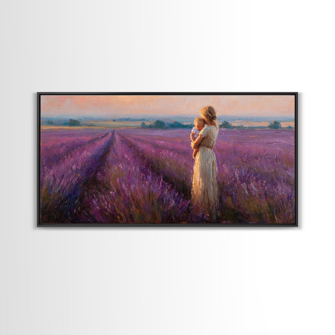 Mother And Baby In Lavender Rows At Golden Sunset Framed Canvas Print, Provence Landscape Wall Art, Gift For Mom, Home Decor
