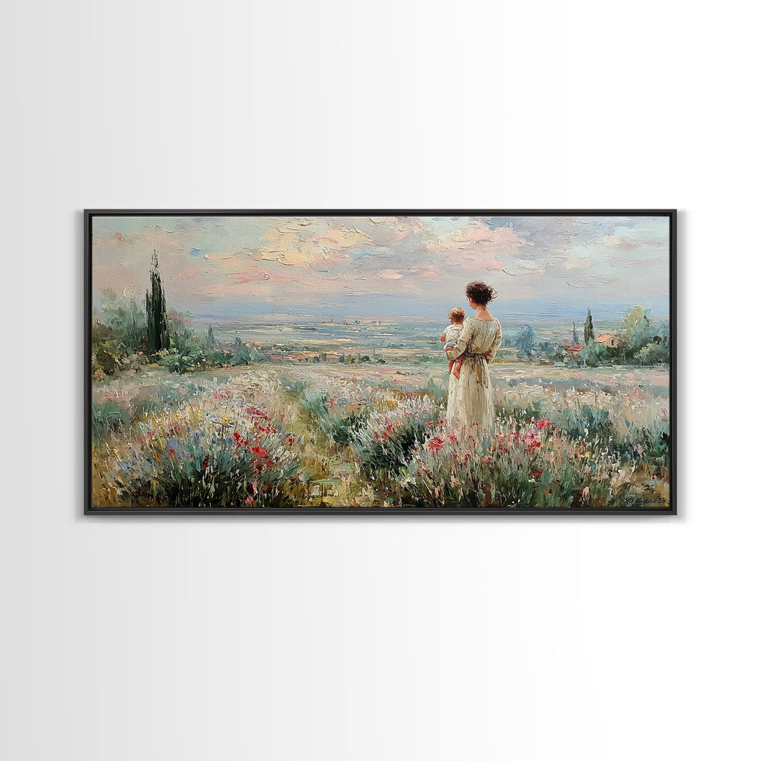 Mother With Baby Over Tuscan Wildflower Valley Canvas Print, Italian Countryside Wall Art, Mothers Day Gift, Living Room Decor