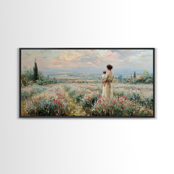 Mother With Baby Over Tuscan Wildflower Valley Canvas Print, Italian Countryside Wall Art, Mothers Day Gift, Living Room Decor