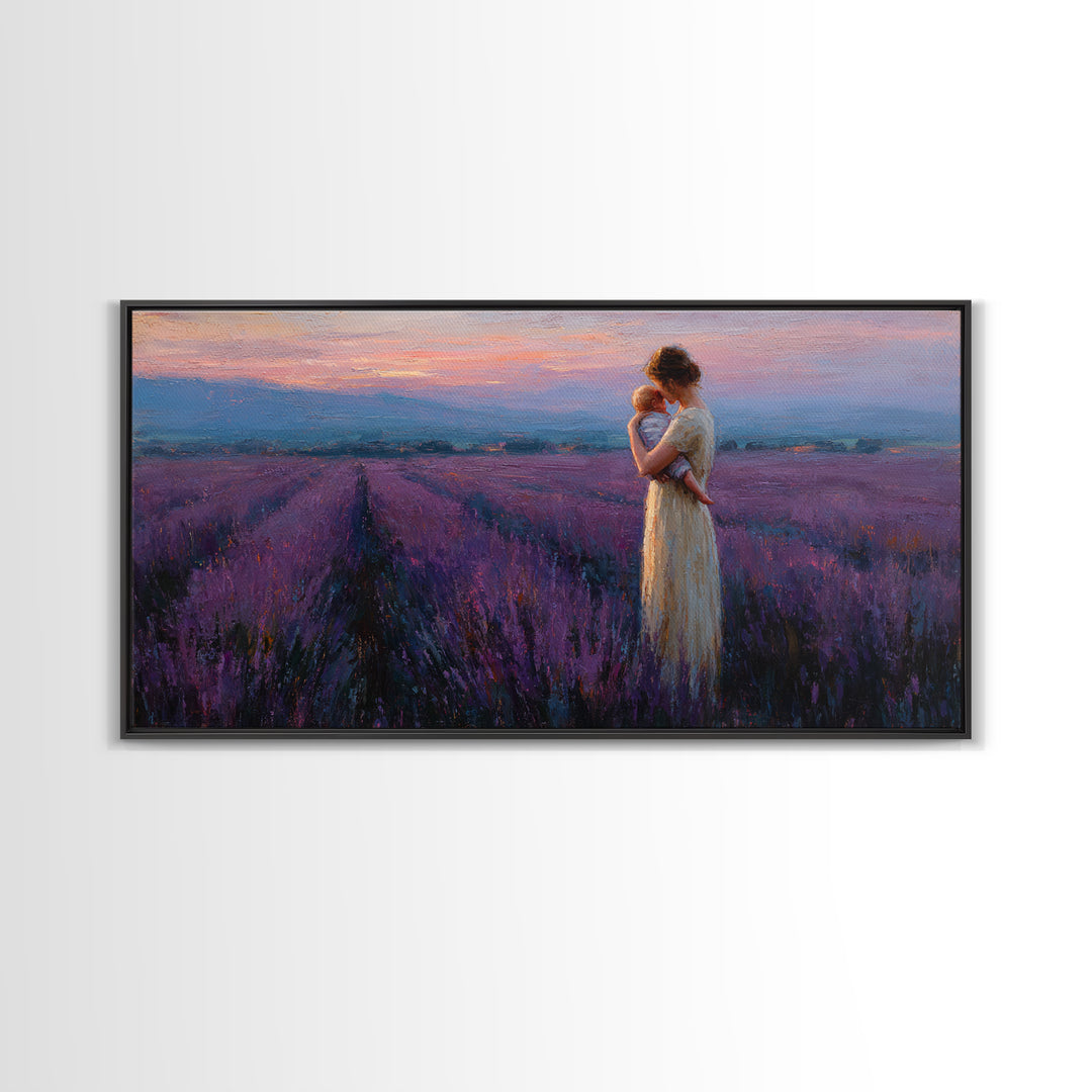 Mother And Baby In Lavender Field At Rose Dusk Canvas Print, Purple Landscape Wall Art, Mothers Day Gift, Romantic Home Decor