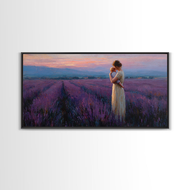 Mother And Baby In Lavender Field At Rose Dusk Canvas Print, Purple Landscape Wall Art, Mothers Day Gift, Romantic Home Decor
