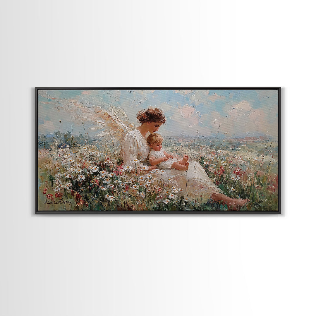 Seated Angel Holding Baby In Daisy Wildflower Meadow Framed Canvas Print, Christian Nursery Wall Art, Spiritual Home Decor