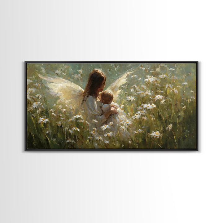 Guardian Angel Mother And Baby In Daisy Meadow Wall Art, Christian Nursery Decor, Spiritual Gift, Feminine Bedroom Decor