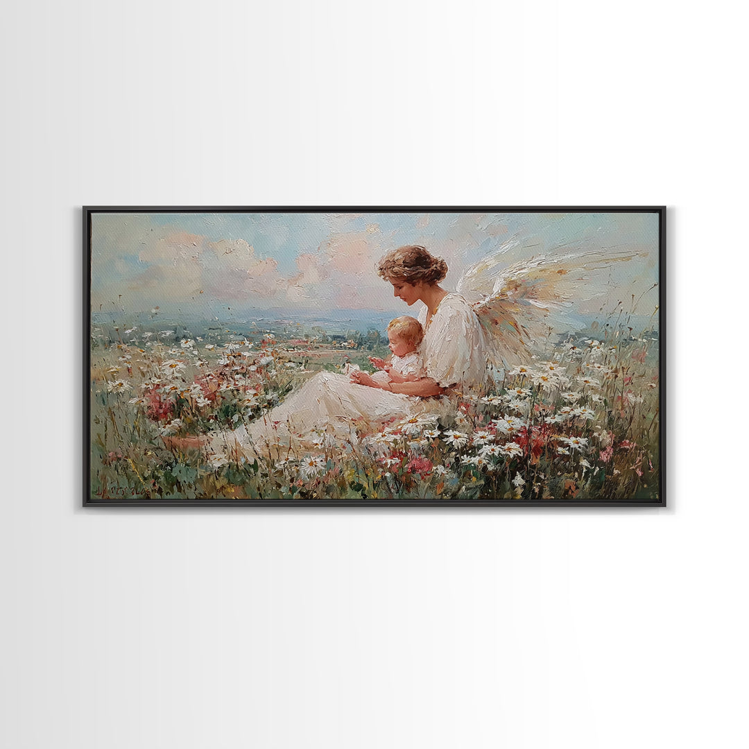 Angel Mother And Baby Over Wildflower Hills Canvas Print, Christian Wall Art, Nursery Decor, Housewarming Gift For Her, Living Room Decor