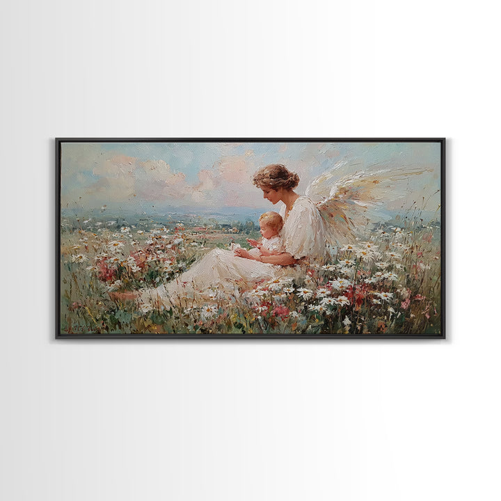 Angel Mother And Baby Over Wildflower Hills Canvas Print, Christian Wall Art, Nursery Decor, Housewarming Gift For Her, Living Room Decor