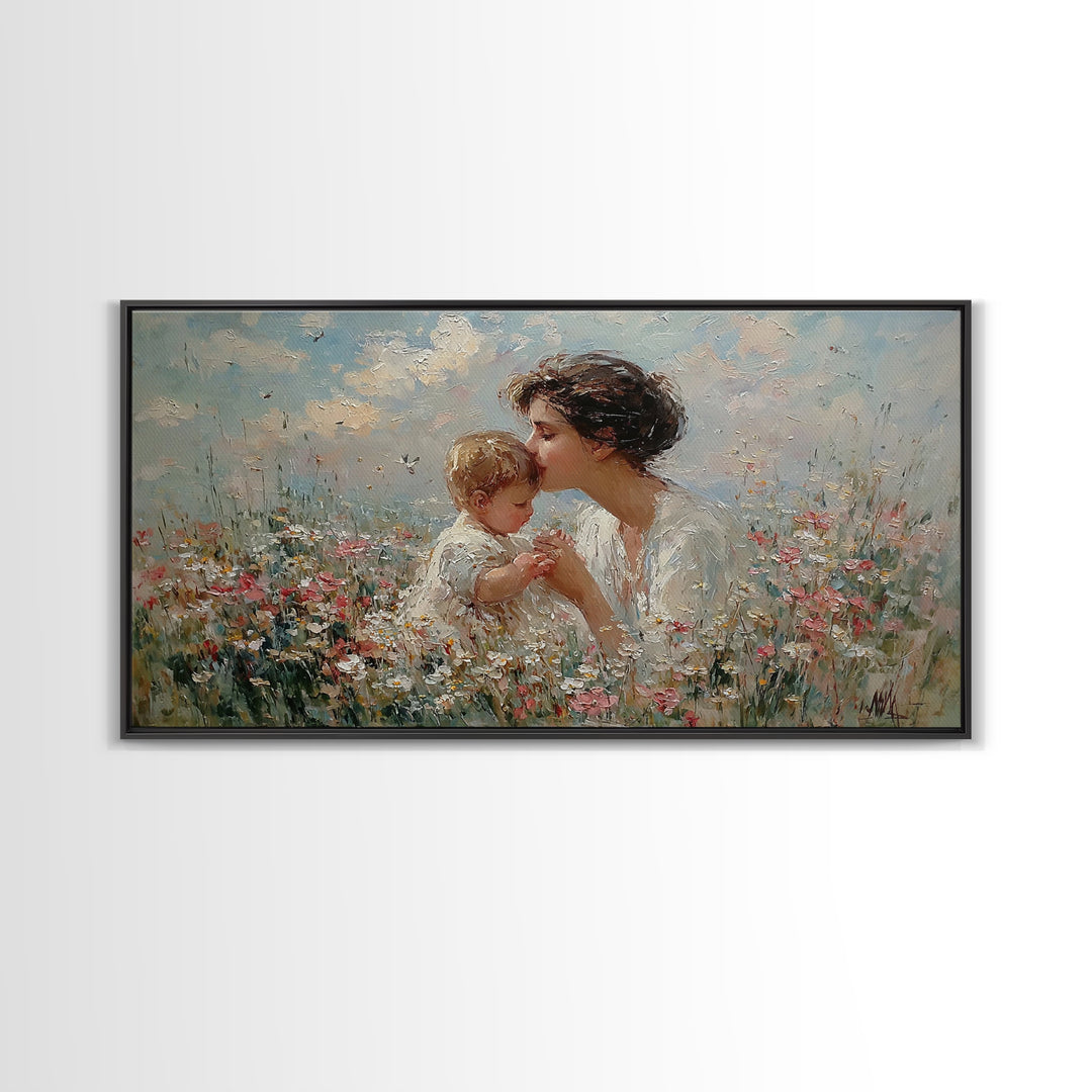 Mother Kissing Baby Among Wildflowers Wall Art, Impressionist Christian Art Print, Nursery Decor, Gift For Mom, Living Room Wall Art