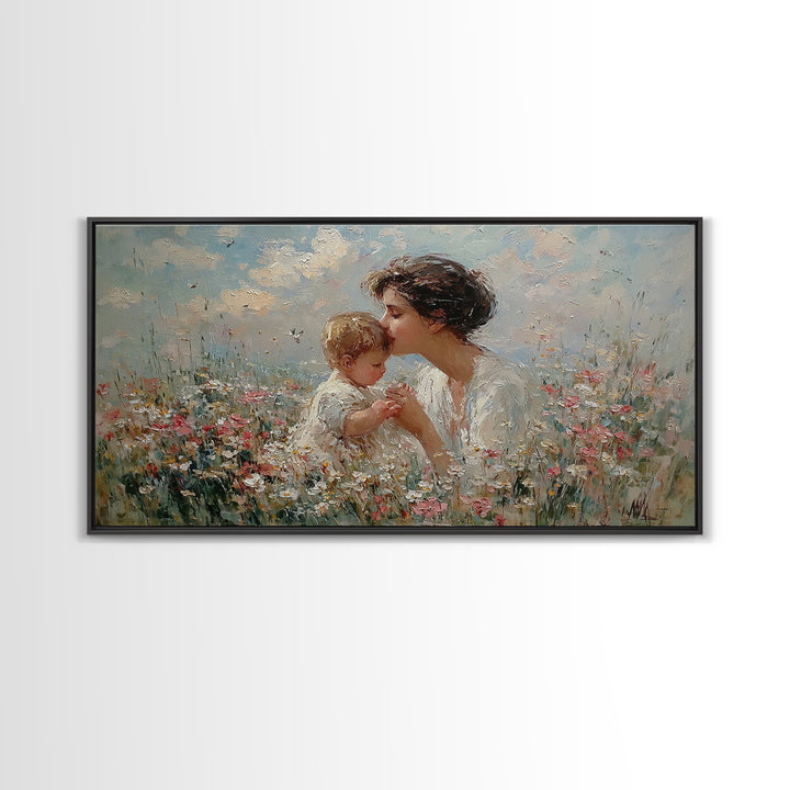 Mother Kissing Baby Among Wildflowers Wall Art, Impressionist Christian Art Print, Nursery Decor, Gift For Mom, Living Room Wall Art