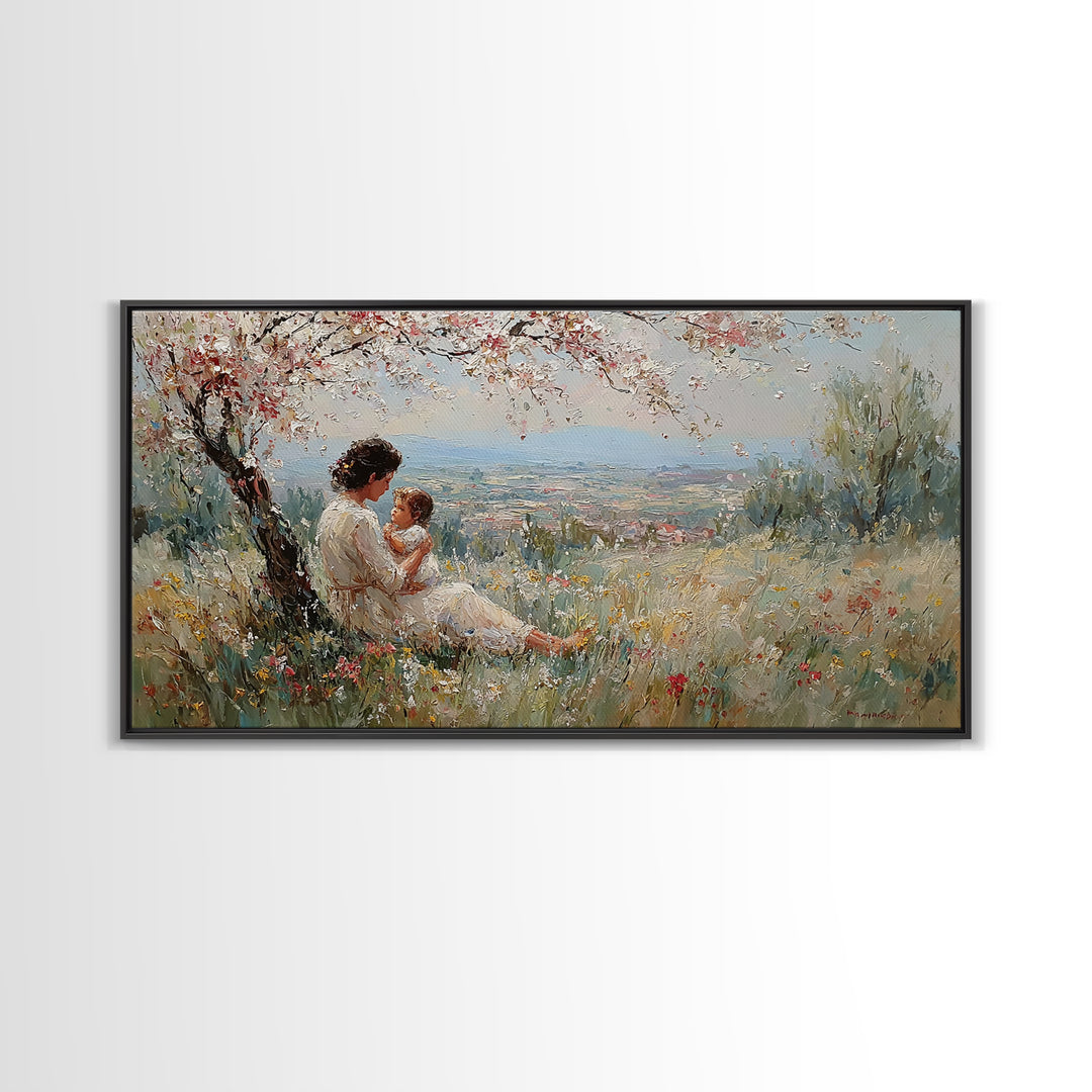Mother And Child In Blooming Hillside Meadow Canvas Print, Spring Wall Art, Feminine Nursery Decor, Housewarming Gift, Living Room Decor