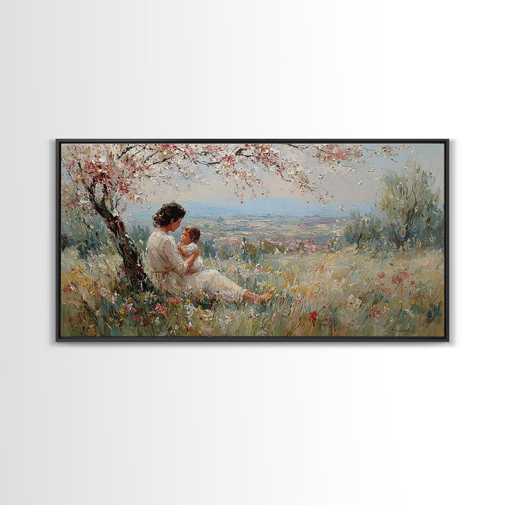 Mother And Child In Blooming Hillside Meadow Canvas Print, Spring Wall Art, Feminine Nursery Decor, Housewarming Gift, Living Room Decor
