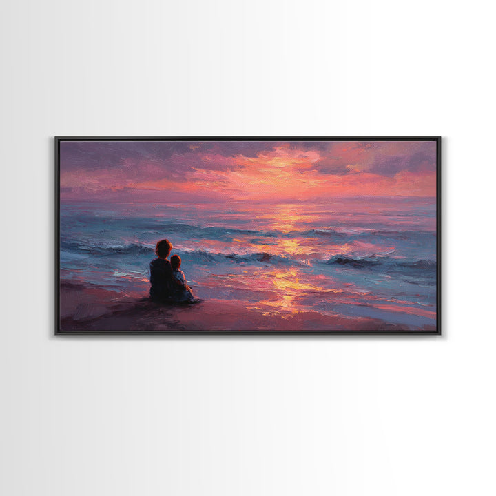 Mother And Child Watching Ocean Sunset Wall Art, Coastal Beach Canvas Print, Gift For Mom, Nursery Decor, Bedroom Wall Decor