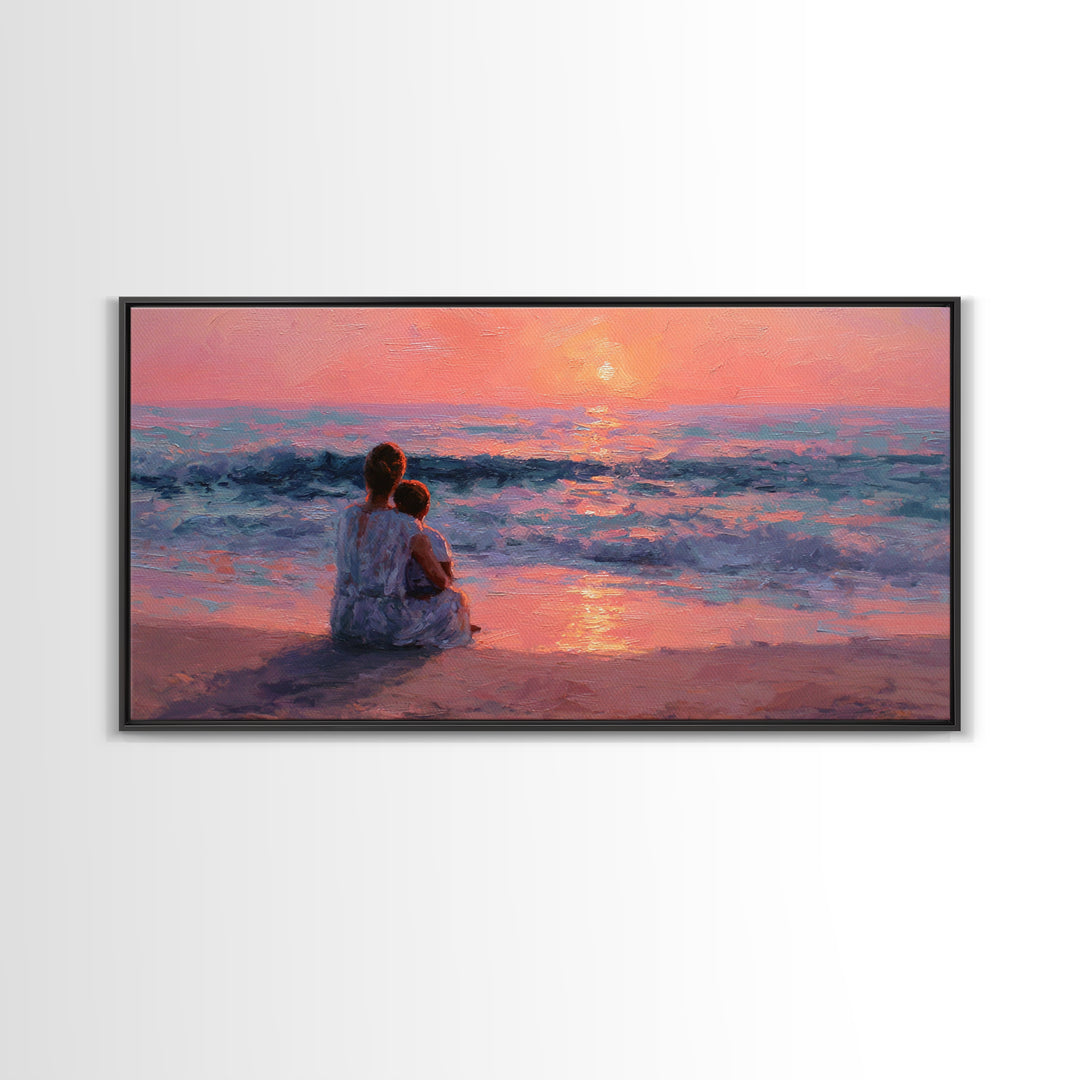 Mother Holding Baby At Rose Ocean Sunset Wall Art, Coastal Canvas Print, Nursery Decor, Gift For Mom, Romantic Bedroom Art