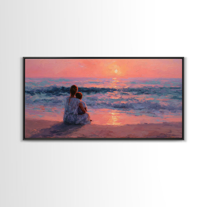 Mother Holding Baby At Rose Ocean Sunset Wall Art, Coastal Canvas Print, Nursery Decor, Gift For Mom, Romantic Bedroom Art