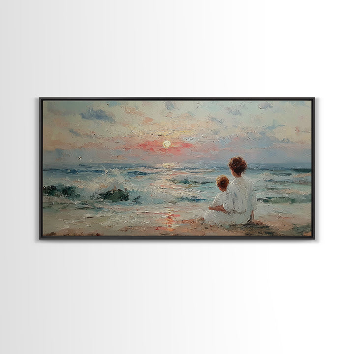 Mother And Child Seaside Sunrise Framed Canvas Print, Pastel Coastal Wall Art, Nursery Decor, Gift For Mom, Beach House Decor