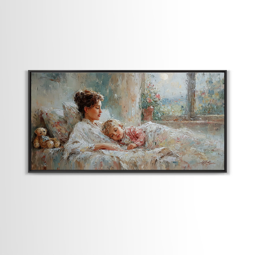 Mother And Child Morning Bedtime Wall Art, Impressionist Canvas Print, Nursery Decor, Gift For Mom, Cozy Bedroom Wall Decor