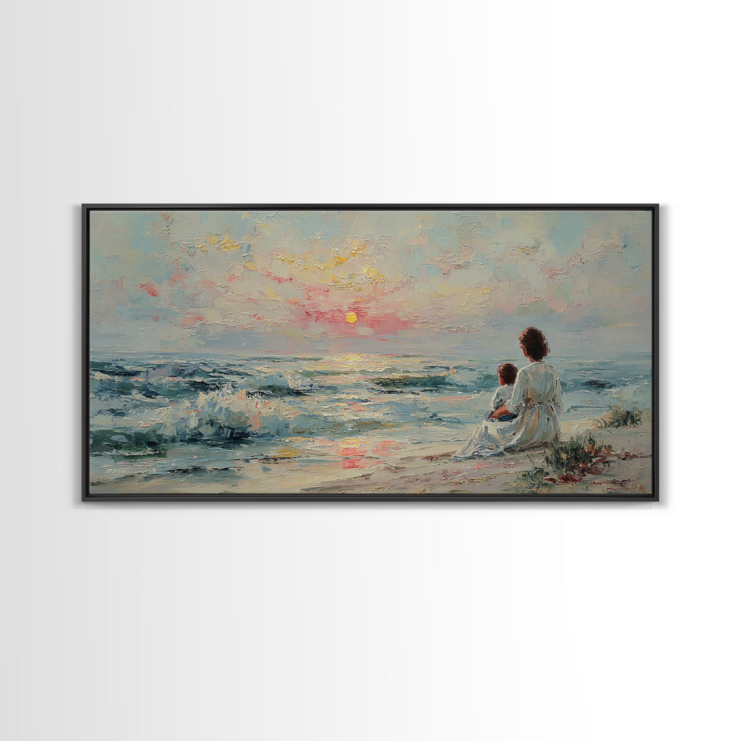 Mother And Child Watching Pastel Sea Sunset Wall Art, Coastal Framed Canvas Print, Nursery Decor, Gift For Mom, Beach Decor