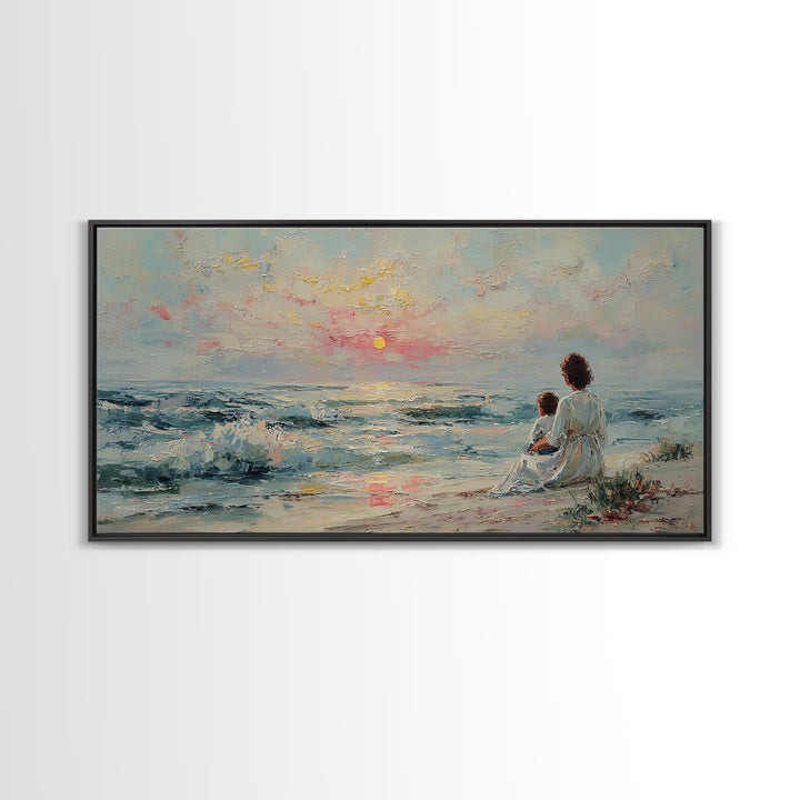 Mother And Child Watching Pastel Sea Sunset Wall Art, Coastal Framed Canvas Print, Nursery Decor, Gift For Mom, Beach Decor