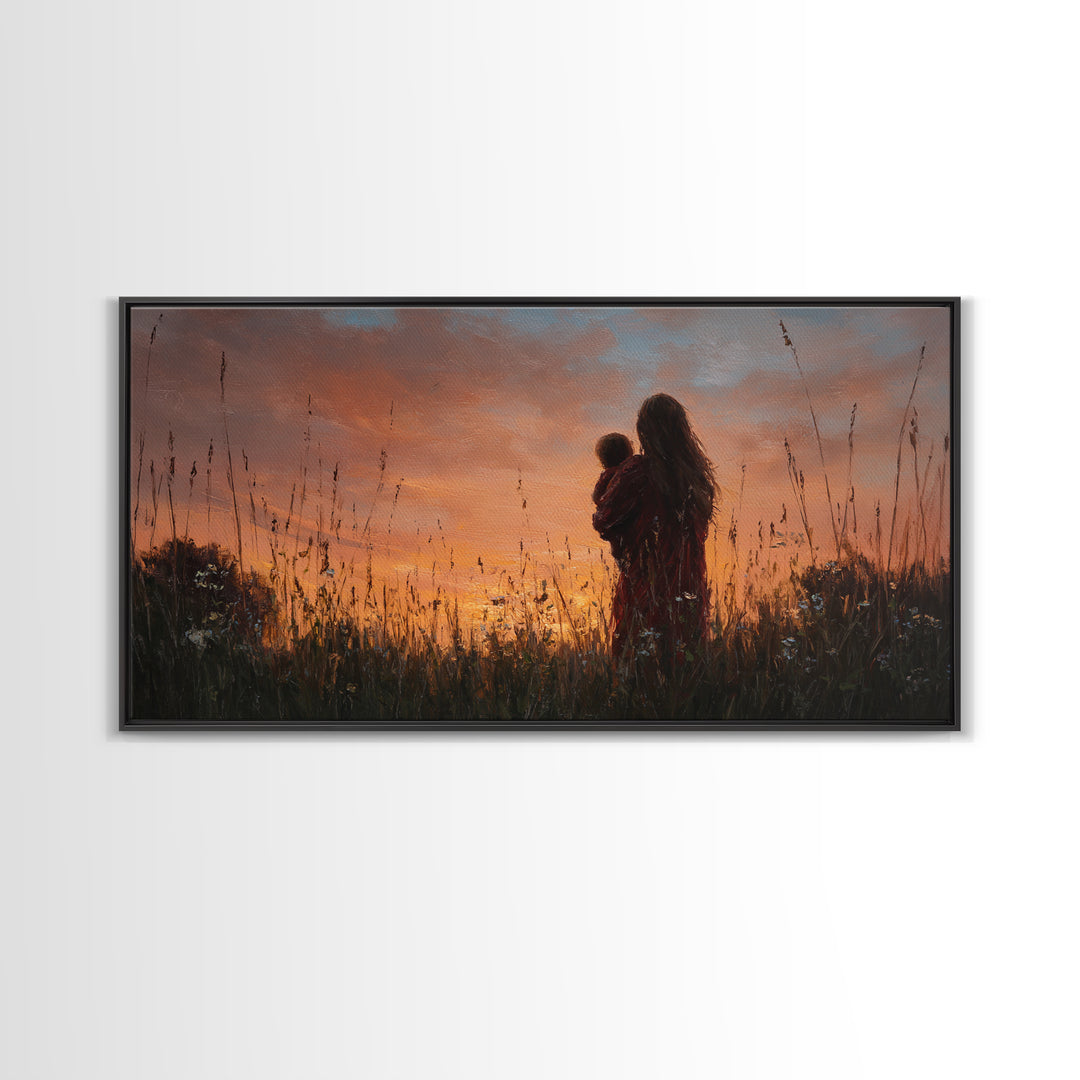 Mother And Baby Silhouette At Golden Sunset Wall Art, Rustic Landscape Canvas Print, Nursery Decor, Gift For Mom, Moody Wall Art