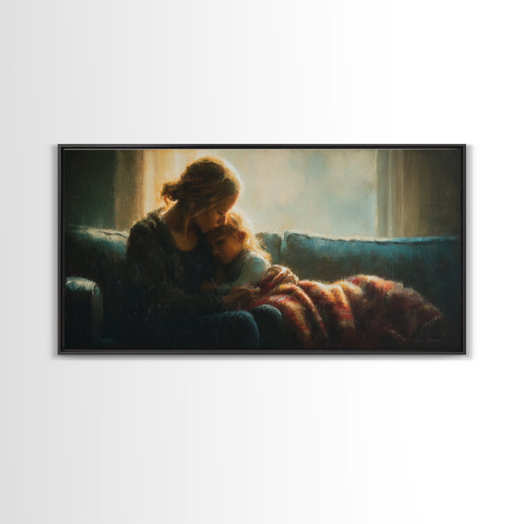 Mother Cuddling Child By Window Wall Art, Moody Bedroom Canvas Print, Nursery Decor, Gift For Mom, Cozy Home Decor, Fine Art