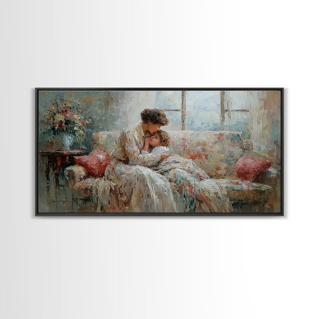 Mother And Baby Morning Embrace Wall Art, Impressionist Nursery Decor, Cozy Bedroom Print, Gift For Mom, Framed Fine Art
