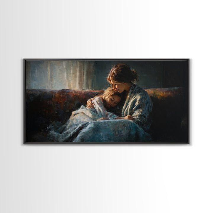 Mother And Sleeping Child Canvas Print, Moody Impressionist Wall Decor, Cozy Bedroom Art, Gift For Her, Warm Home Decor Print