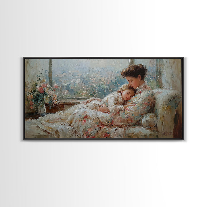 Tender Mother And Child Framed Canvas Print, Soft Impressionist Wall Art, Nursery Decor, Bedroom Wall Decor, Gift For Mom