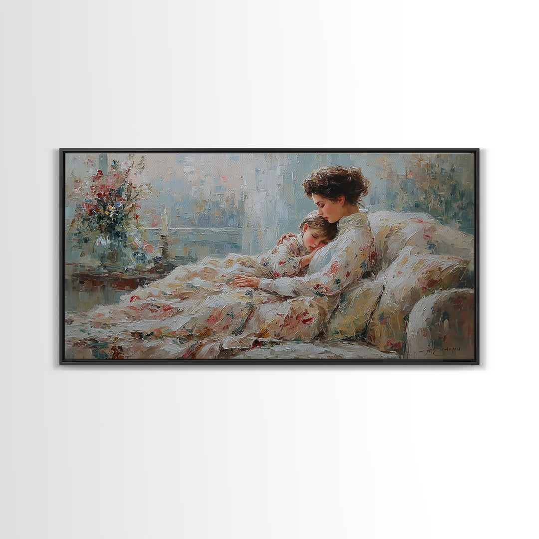 Mother And Child Floral Blanket Wall Art, Impressionist Canvas Print, Cozy Nursery Decor, Feminine Bedroom Art, Gift For Her