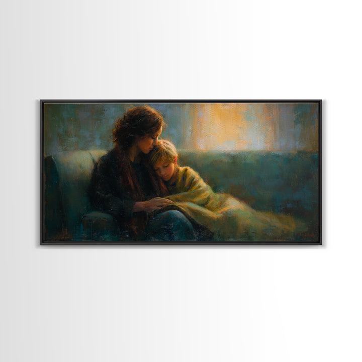Mother Comforting Child Canvas Print, Moody Figurative Wall Art, Warm Living Room Decor, Cozy Bedroom Print, Gift For Mom