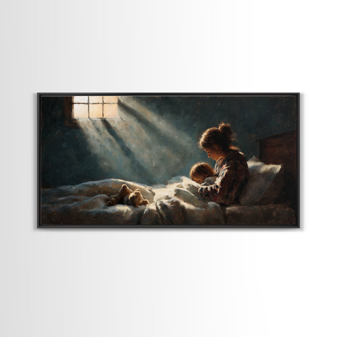 Mother Tucking Child Into Bed Wall Art, Sunlit Impressionist Nursery Decor, Cozy Bedroom Wall Decor, Teddy Bear Art Print
