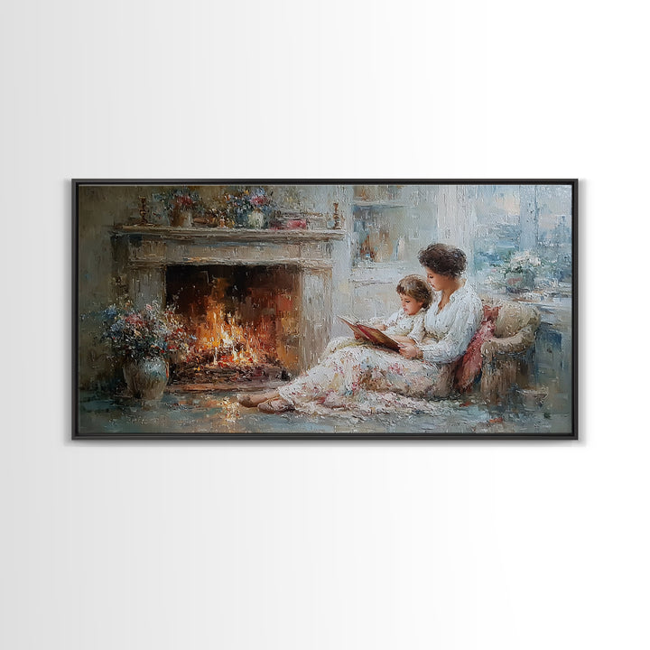 Mother And Child Reading By Fireplace Framed Canvas Print, Cozy Living Room Wall Art, Storybook Nursery Decor, Gift For Mom