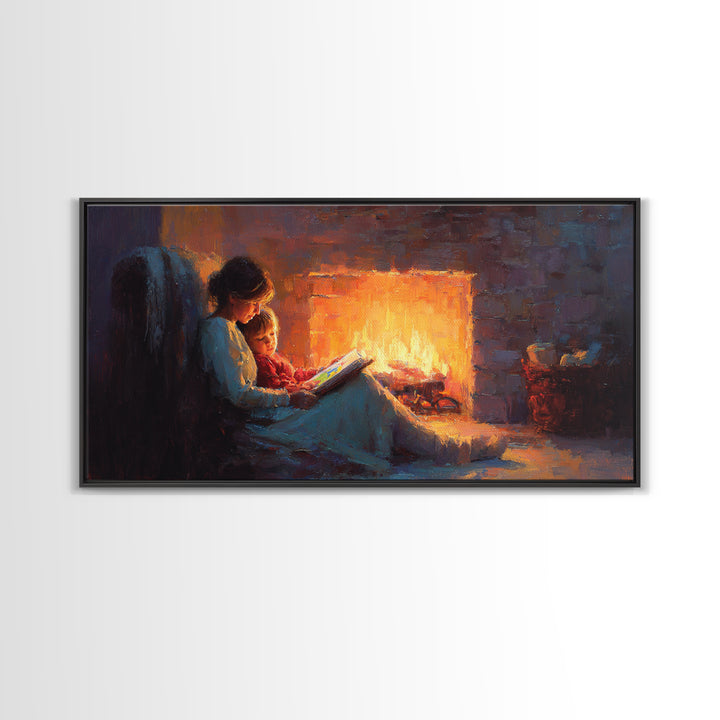 Mother And Child Fireside Reading Canvas Print, Warm Storybook Wall Art, Cozy Cabin Decor, Nursery Art, Gift For Book Lover