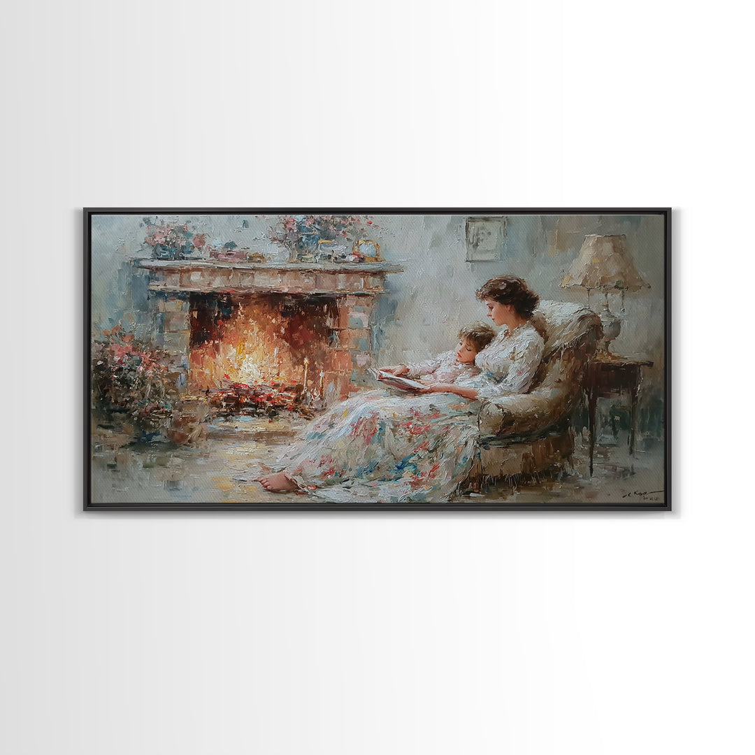 Mother And Child Reading Near Fireplace Wall Art, Impressionist Living Room Decor, Cozy Bedroom Art, Housewarming Gift Print