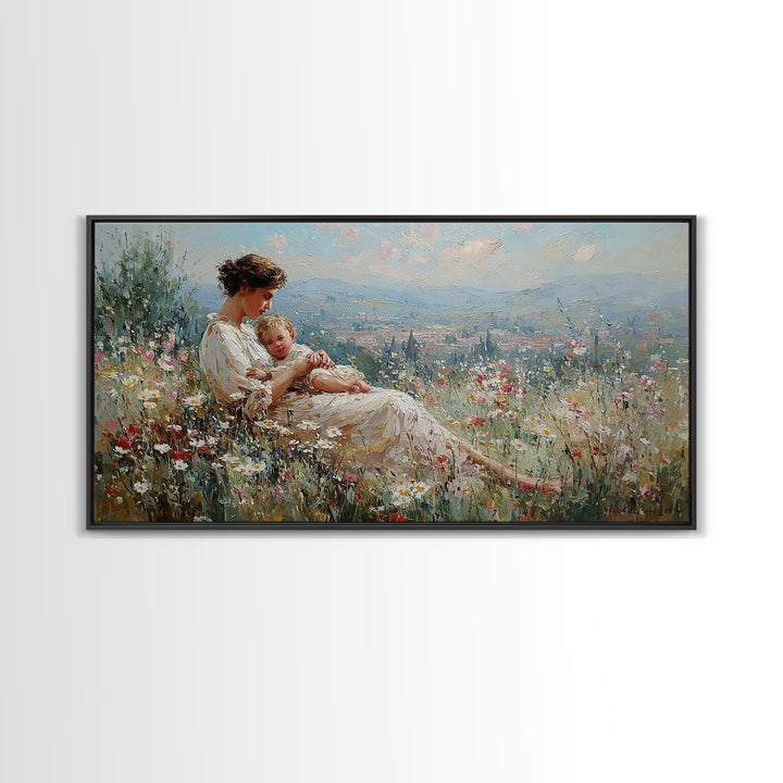 Mother And Baby Wildflower Meadow Wall Art, Impressionist Landscape Canvas Print, Nursery Decor, Gift For Mom, Home Decor