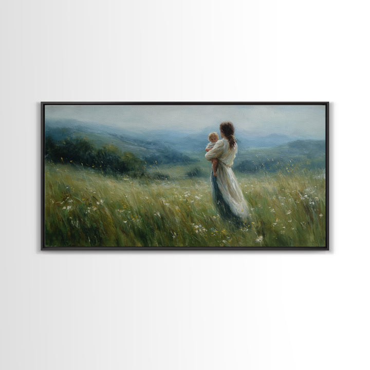 Mother Holding Baby In Misty Meadow Wall Art, Impressionist Landscape Painting, Serene Nursery Decor, Gift For Mom, Home Decor