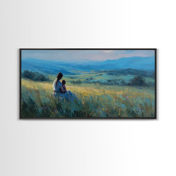 Mother And Child Over Blue Valley Wall Art, Peaceful Landscape Painting, Impressionist Canvas Print, Living Room Decor, Home Decor