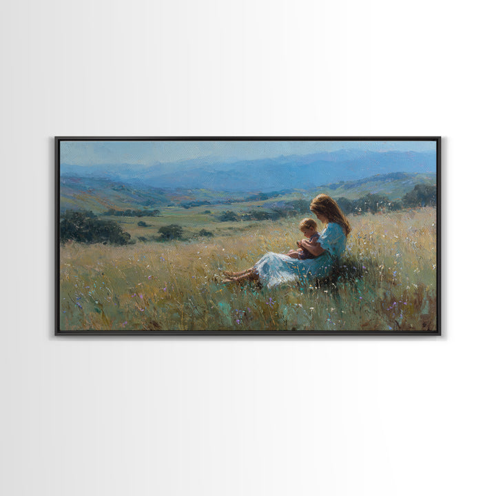 Mother And Baby In Golden Meadow Wall Art, Impressionist Mountain Landscape Canvas Print, Nursery Decor, Housewarming Gift