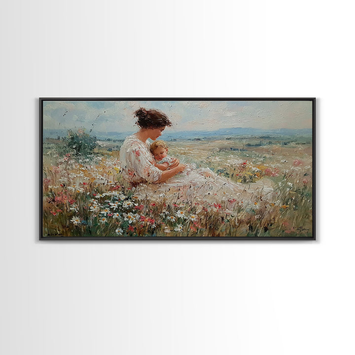 Mother Cuddling Baby In Daisy Meadow Wall Art, Textured Impressionist Canvas Print, Feminine Nursery Decor, Gift For Her