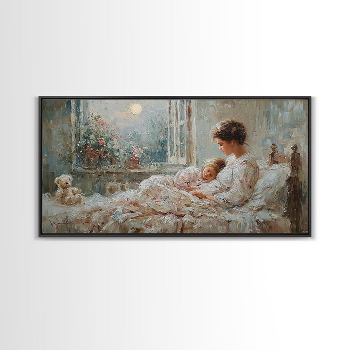Mother And Child In Moonlit Bedroom Wall Art, Romantic Impressionist Canvas Print, Cozy Nursery Decor, Gift For Mom, Home Decor